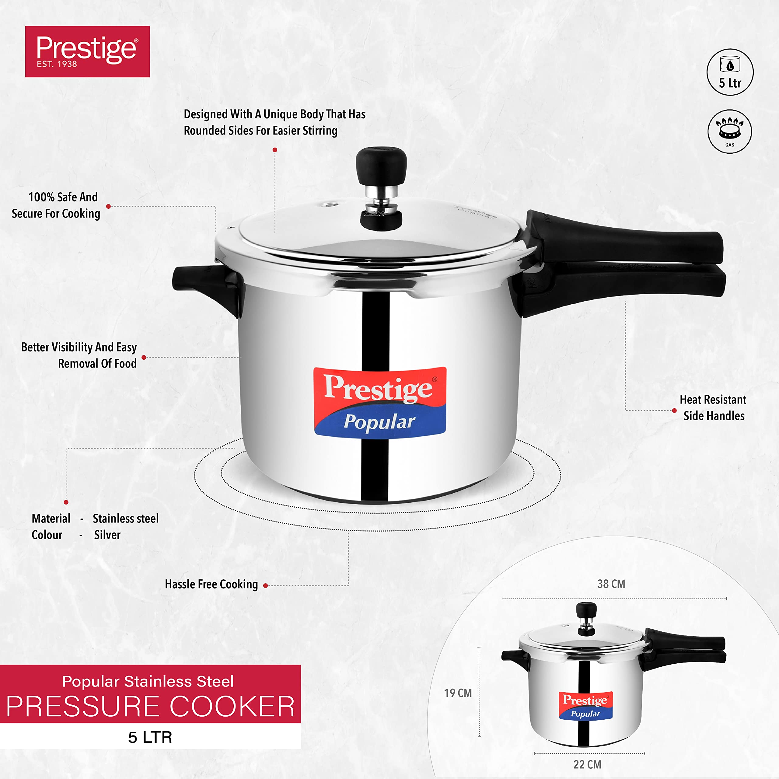 Prestige Popular 5 Ltr Pressure Cooker Stainless Steel Induction Compatible Cooker 4.5 mm Thick Alpha Base Sturdy Handles Silver طنجرة بوبولار سعة 5 لتر من برستيج طنجرة ضغط من الستانلس ستيل الناعم والمصقول، فضي Prestige Popular 5 Ltr Pressure Cooker Stainless Steel Induction Compatible Cooker 4.5 mm Thick Alpha Base Sturdy Handles Silver طنجرة بوبولار سعة 5 لتر من برستيج طنجرة ضغط من الستانلس ستيل الناعم والمصقول، فضي